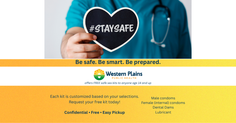 #Staysafe in heart held by person wearing a stethescope & scrubs. WPPH offering free customized safe sex kits for those age 14 and older. Confidential. Free. Easy Pick Up.